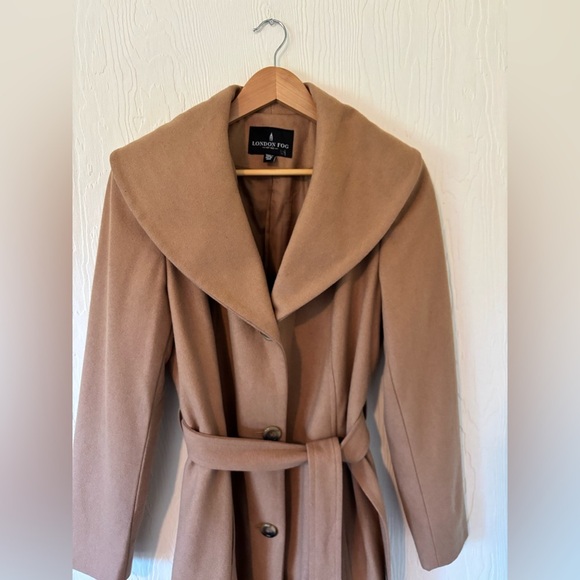 London Fog Wool Shawl Collared Camel Tan Belted Trench Coat - Picture 7 of 13